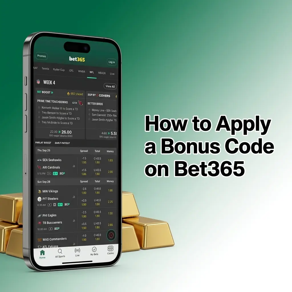 Bet365 bonus code entry steps showing registration, deposit page, promo code field, and account bonus confirmation