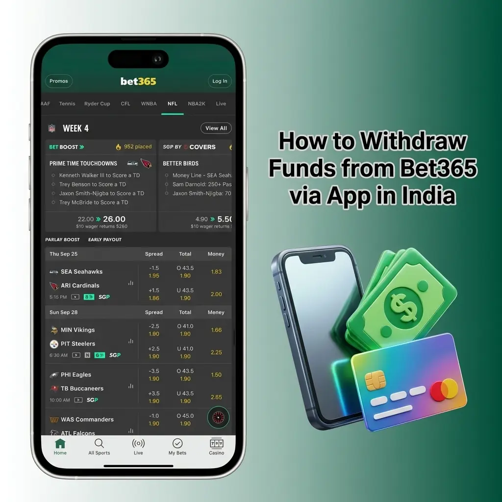 Bet365 app withdrawal steps in India showing cashier menu, UPI and NetBanking options on smartphone screen