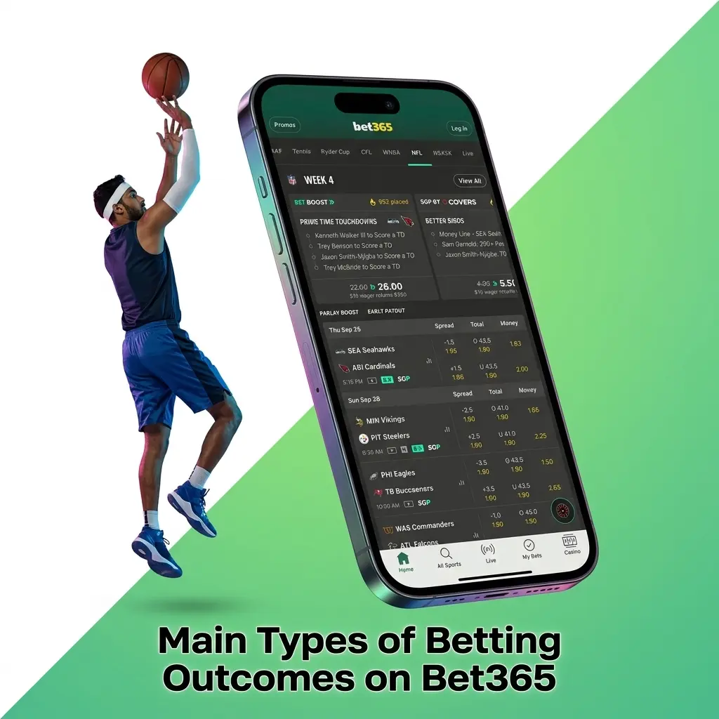 Diagram showing main types of betting outcomes on Bet365 including 1X2, Double Chance, Handicap, and BTTS