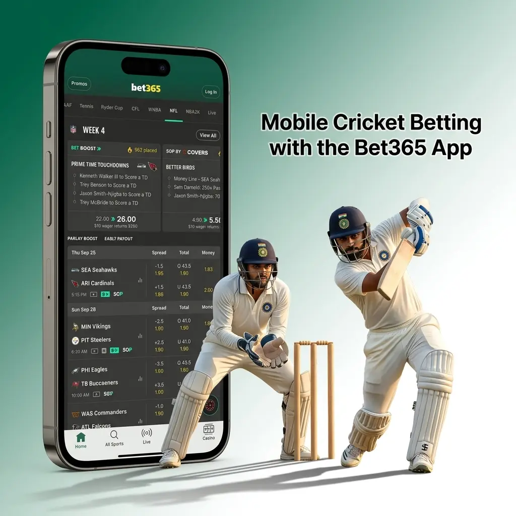 Bet365 app on mobile showing cricket betting markets with live odds and INR stake entry for Android and iOS users