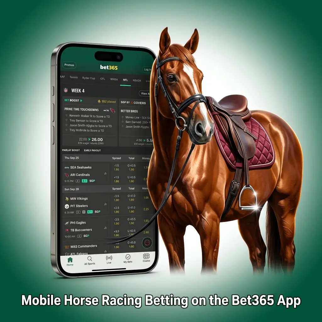 Bet365 app interface showing horse racing betting options with live odds and race cards for Indian users